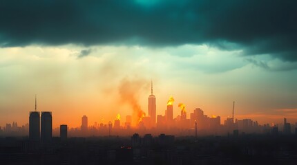 City Skyline Fire Burning During Sunset with Dramatic Sky and Haze