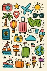 Colorful Travel Doodles and Simple Art Representing Adventure