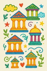Obraz premium Colorful Temple Doodles with Whimsical Elements and Simple Designs