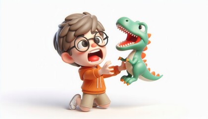 Child playing with dinosaur toy indoor 3d animation fun environment close-up view