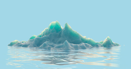 3d rendering. A stunningly detailed iceberg with jagged peaks and ridges, floating serenely in reflective water under a clear sky. The interplay of smooth and rough textures highlights its natural 