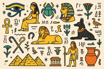 Egyptian Doodles Delight with Icons, Symbols, and Characters
