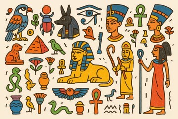 Simple Egyptian Doodles Design Featuring Hieroglyphs and Icons