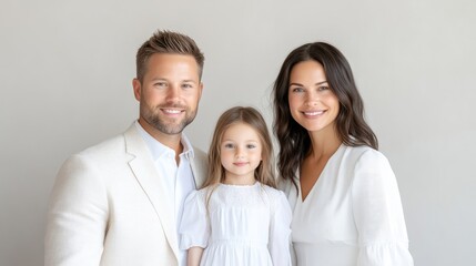 Fototapeta premium A happy family of three posing together in white attire, standing against a neutral background, joyful expression, and studio portrait.