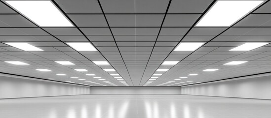 A wide spacious room illuminated by ceiling lights and bright