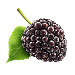 Ripe mulberry fruit with deep red-black color, green stem and leaf isolated on transparent background.

