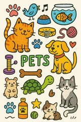 Colorful Doodle Illustrations of Happy Pets and Related Elements
