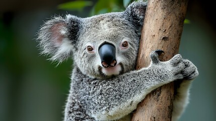 Obraz premium Adorable koala bear close up portrait showing facial features and clinging to eucalyptus tree branch against blurred green natural background. Australian wildlife.