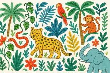 Vibrant Jungle Scene with Animals and Tropical Foliage Design
