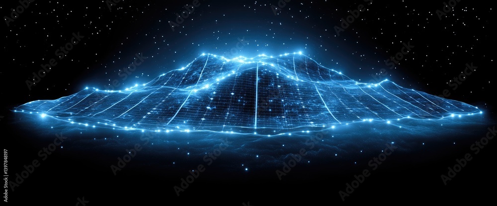 Sticker glowing blue, geometric structure. lines connect points, creating an ethereal mountain-like shape. s