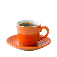 Obraz premium a vibrant orange espresso cup and saucer sit filled with dark coffee against a clean white background.
