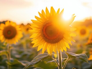 Obraz premium Sunflower field against a large yellow sun with vibrant colors and soft glow with negative space below