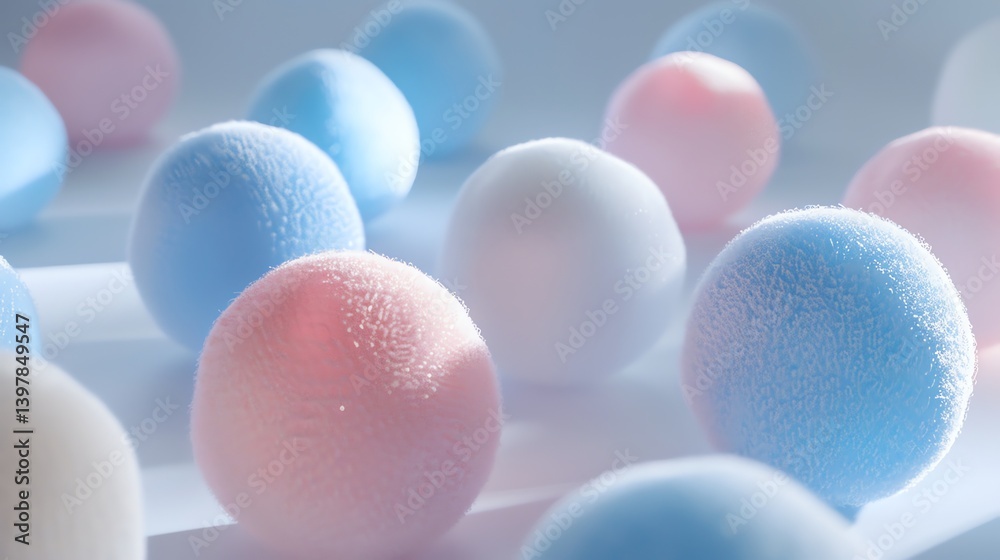Poster 3d rendering of a group of pastel colored frosted balls. the balls are arranged in a random pattern 