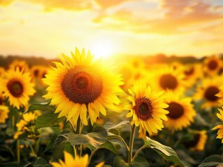 Fototapeta premium Sunflower field against a large yellow sun with vibrant colors and soft glow with negative space below