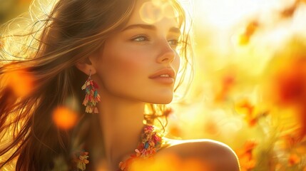 Fototapeta premium Sun-drenched field of wildflowers frames a woman with flowing hair and striking earrings. A moment of golden light and natural beauty