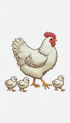 Mother hen walking with chicks in a playful setting illustrated animal art quirky style