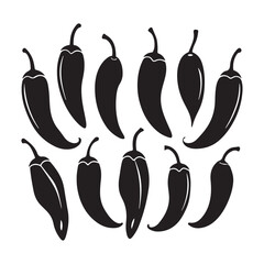 Spicy chili peppers silhouettes icon set