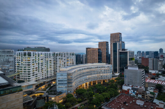 Aerial view of modern skyline and urban landscape with beautiful buildings in Polanco, Miguel Hidalgo, Mexico City, Mexico.