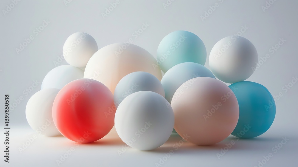 Poster 3d rendering of a group of pastel colored spheres. the spheres are of different sizes and are arrang