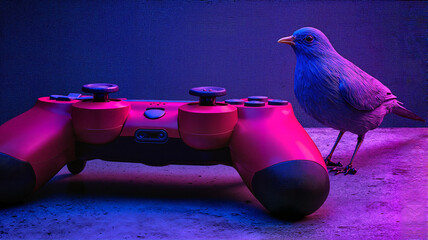 Blue bird standing next to a gaming controller on a colorful background  