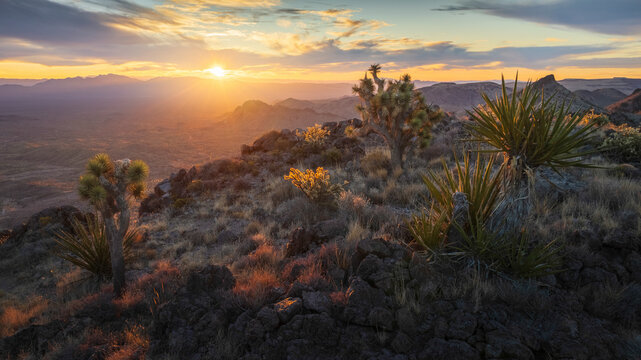 Aerial view of sunset over rugged desert flora on cliffside in Mojave, California, United States.
