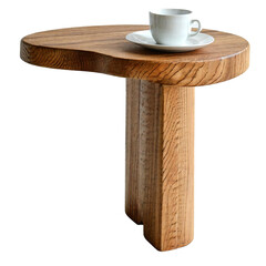 a rustic wooden side table with a rounded top holds a white teacup and saucer against a plain white background.