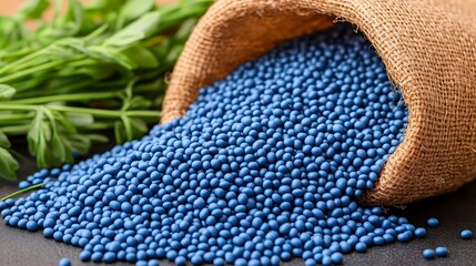 A bag of blue coated agricultural seeds spilling onto a dark surface.