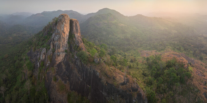 Aerial view of majestic mountain in serene african landscape with lush vegetation and cliffs, Montagnes, Ivory Coast.