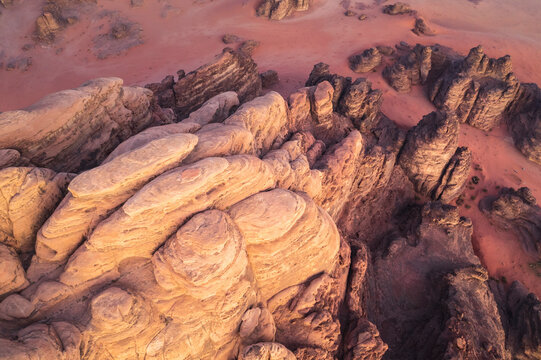 Aerial view of dramatic sandstone formations in the arid desert landscape, Tabuk, Tabuk, Saudi Arabia.