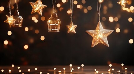 Illuminated star and lantern decorations hanging in soft focus