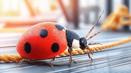 Ladybug crawling on a rope in a bright indoor environment  