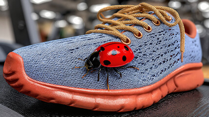 Insect on Sneaker with Red Ladybug and Black Ant on Blue Shoe  