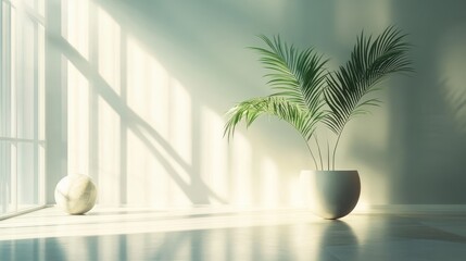 3d rendering of a plant in a vase on a table in front of, soft neon atmosphere