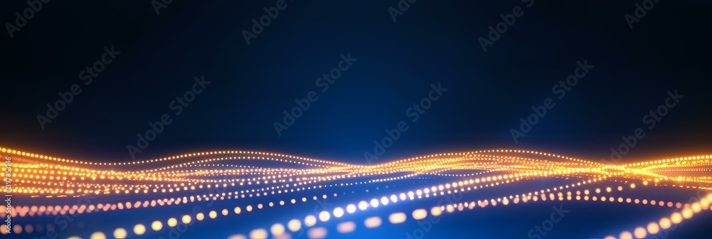 Poster glowing wave of connected dots forming dynamic network lines against dark background, illuminated in