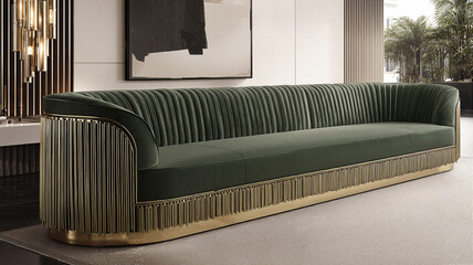 Elegant green sofa design with gold accents in modern interior  