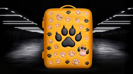 Colorful pet-themed suitcase with paw prints against dark background  