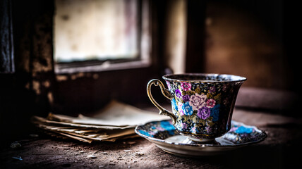 Vintage floral tea cup resting on wooden table near old papers  