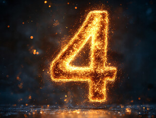 a fiery, glowing number "4" with binary digits embedded within it. The background is dark with blue and yellow hues, and there are sparkles and smoky effects around the number