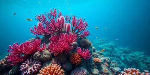 Vibrant coral reef teeming with life in deep ocean tranquility, invertebrate, flourishing