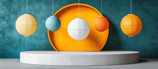 Colorful geometric spheres suspended in front of a backdrop and podium