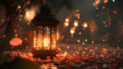 Bokeh-lit Ramadan lantern surrounded by soft lighting, creating a peaceful and festive environment