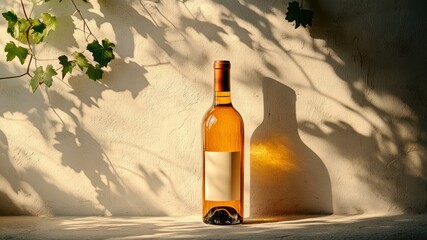 Wine bottle on a stone surface with leaves and shadow cast against wall.