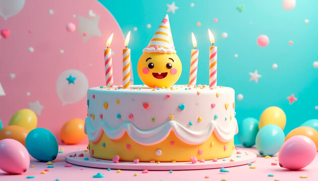 Festive birthday cake with yellow frosting, heart-shaped sprinkles, and lit striped candles, surrounded by colorful balloons