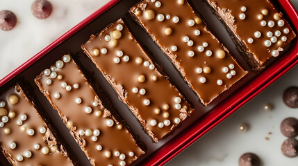 Bold red tin showcasing rich triple chocolate chunk bars, topped with caramel drizzle and edible pearls on a white backdrop