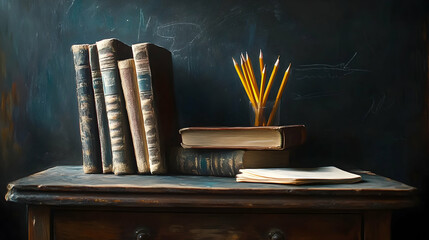 Books and pencils arranged on a school desk with a blackboard backdrop