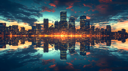 Boston skyline reflecting perfectly in calm waters at dusk, creating a symmetrical and enchanting scene