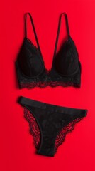 Black Lace Lingerie Set on Red Background for Lingerie Day