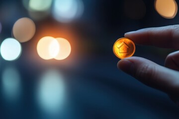 Person Holding Coin with Home Symbol Against Blurred Background