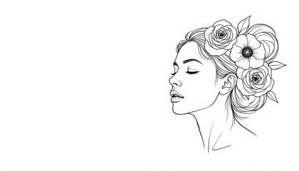 Botanical illustration of a feminine profile with flowers  