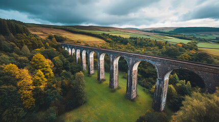 Breathtaking view of a historic Victorian viaduct stretching across a rural countryside